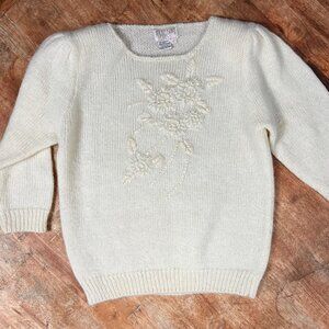 Vintage 70s Lindsey Blake Embroidered Beaded Sweater Womens S/M Cottage Academia